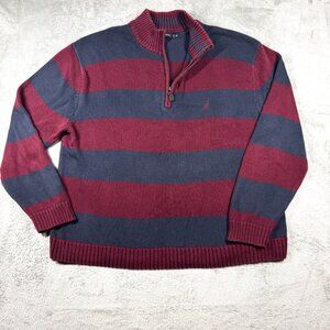 Nautica Mens 3X Red Navy Stripe Cotton Quarter Zip Pullover Sweater Big Tall